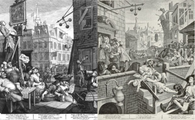 William Hogarth's Beer Street and Gin Lane