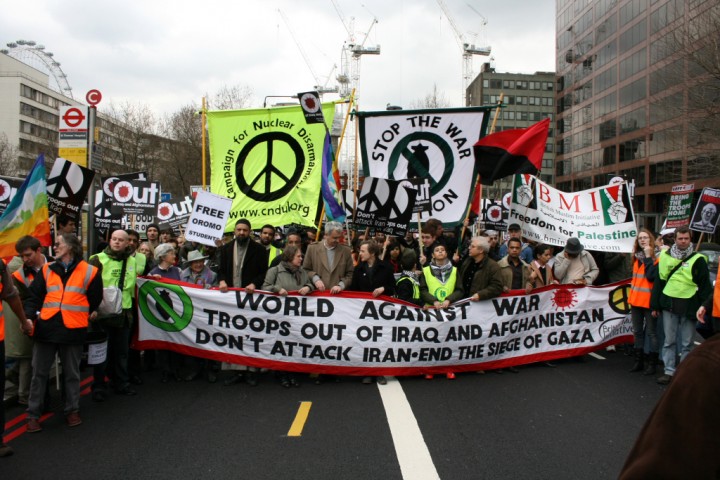 Image of Stop the War protesters in London campaigning.