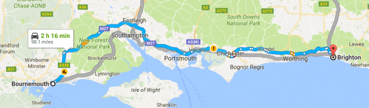 This is a map which shows the distance between Bournemouth and Brighton.