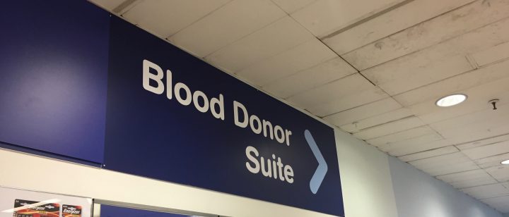 Photo of sign pointing to blood donor suite at The Dolphin Centre