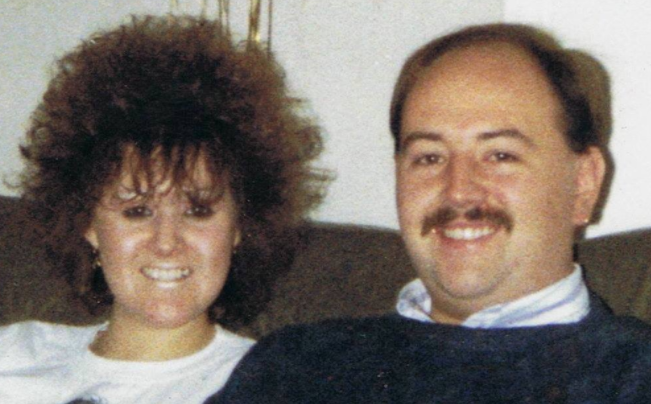 Louise Brookes, 18, pictured alongside Andrew Brookes, 26, on Christmas Eve 1988