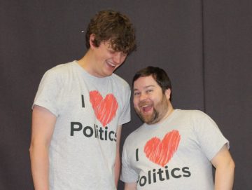 A photo of Tatton Spiller and Tiernan Douieb wearing 'I love Politics' t-shirts