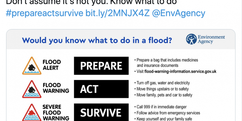 Check for flood warnings, prepare, act, survive.
