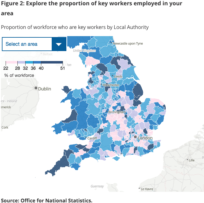 Map showing number of key workers across England