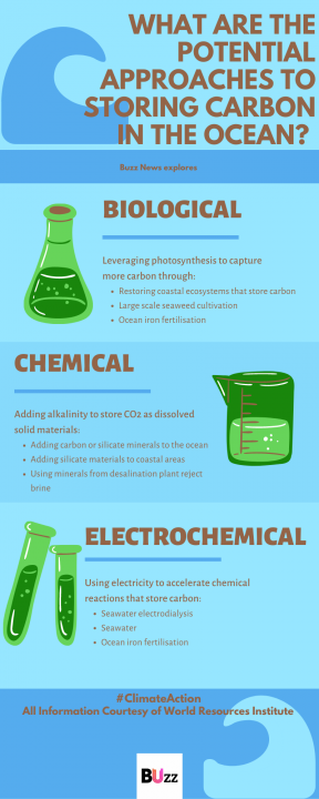 Graphic showing three ways of increasing ocean CO2 storage including biological chemical and electrochemical