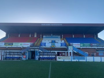 The main stand at the Bob Lucas stadium, Weymouth FC