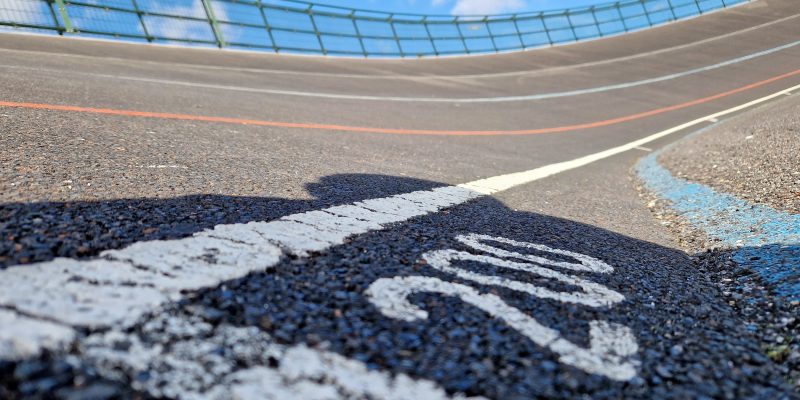 A close-up of the painted lines at Slades Farm Velodrome.