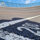 A close-up of the painted lines at Slades Farm Velodrome.