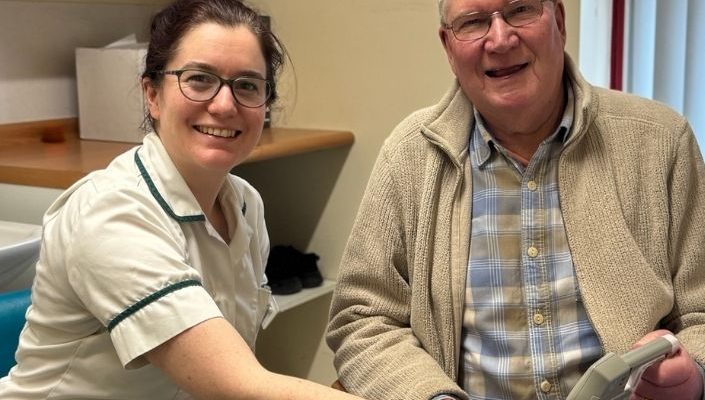 Specialist clinical therapist, Lucy Haynes, with trial participant, Ian Odd at the Royal Bournemouth Hospital from NHS Hospitals Dorset