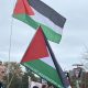 Palestine flag being held at a protest. Photo taken by Haagra Hosenbocus