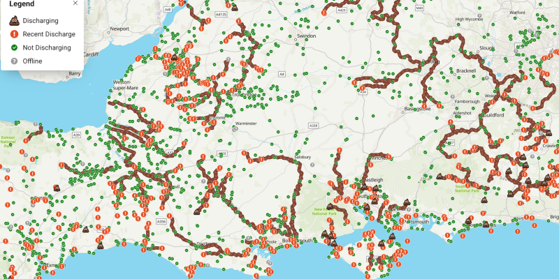 This image shows a map of where in Dorset CBO pipes pumped raw sewage into rivers, following two days of heavy rain.