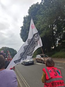 Extinction Rebellion March Flags: The Black Fish flag represents all the marine life destroyed by oil leaks.