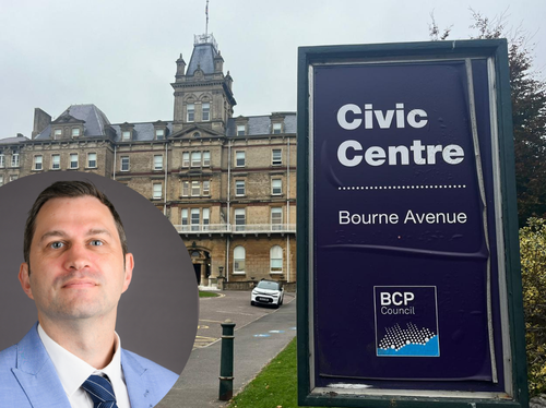 Photo of councillor Duane Farr in the bottom left corner. An image of BCP council civic centre in the background.