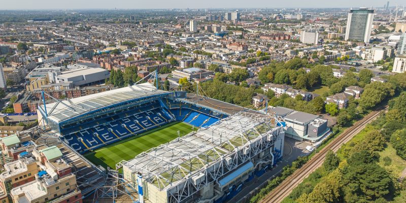 Aerial view of Stamford Bridge on a bright day