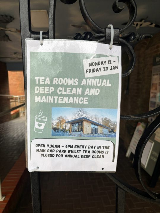 laminated paper saying the closure of the tea rooms for cleaning and maintenance 