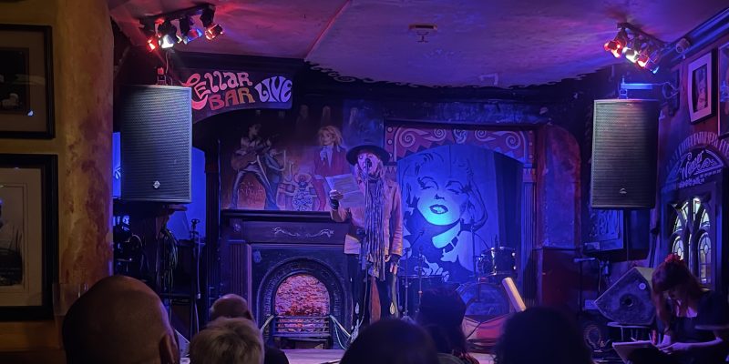 woman performing a poetry piece in front of a crowd