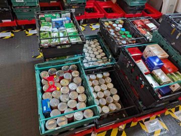 Food in crates ready to be distributed at the food bank.