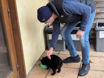 One of the staff at the garden centre stroking a black cat.