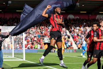 Antoine Semenyo celebrates after scoring against Brighton at Vitality Stadium