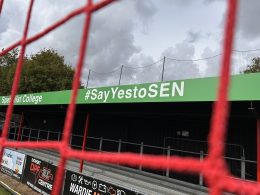 A sign with SEN through the net.